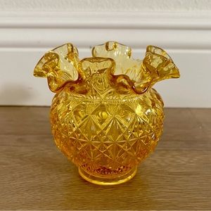 Vintage Fenton Yellow Vase Ruffled Edge Diamond Pattern‎ Signed Fenton